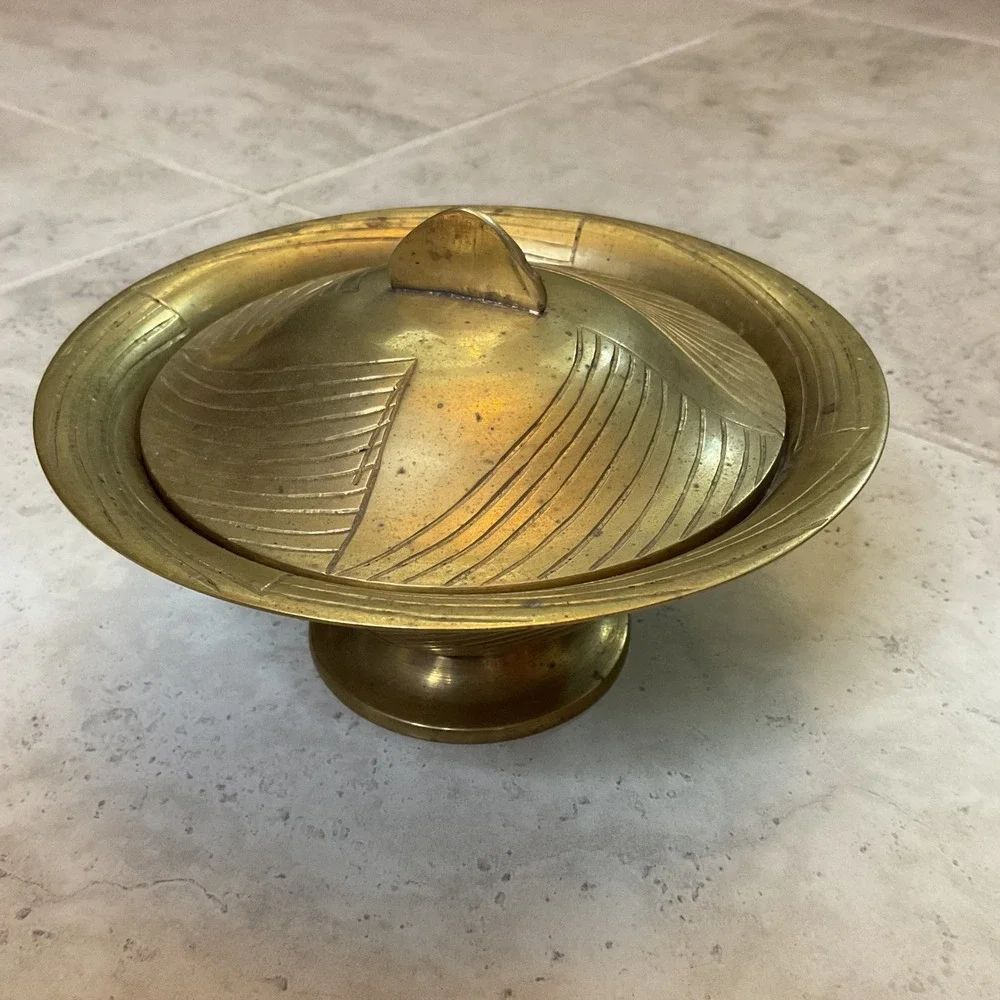 Vintage Sarna Brass India 96 Footed Bowl with Lid Etched Geometric Design Gold